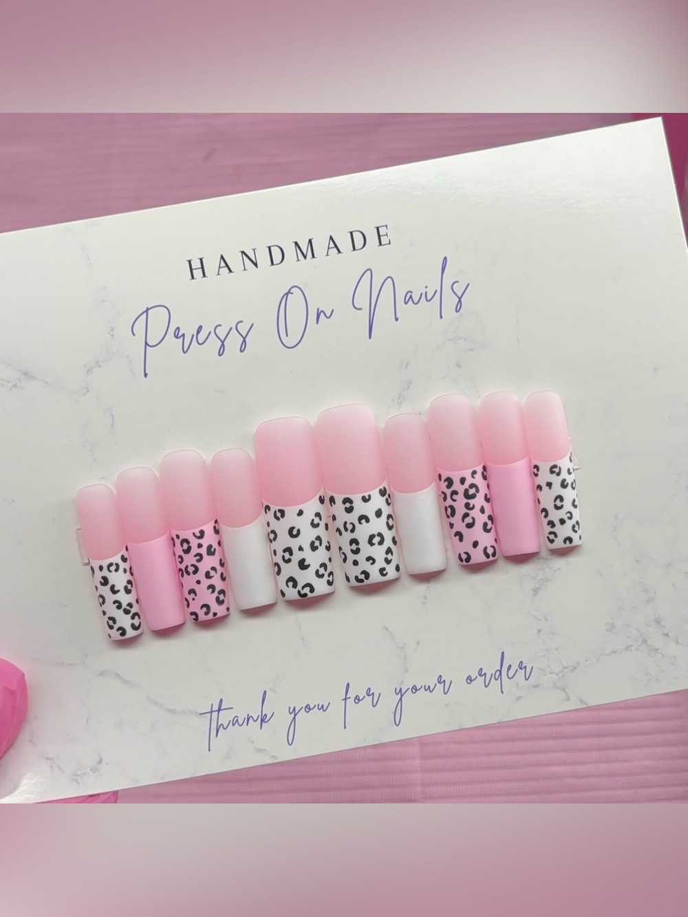 Extra long square press on nails light pink French tips white black animal print